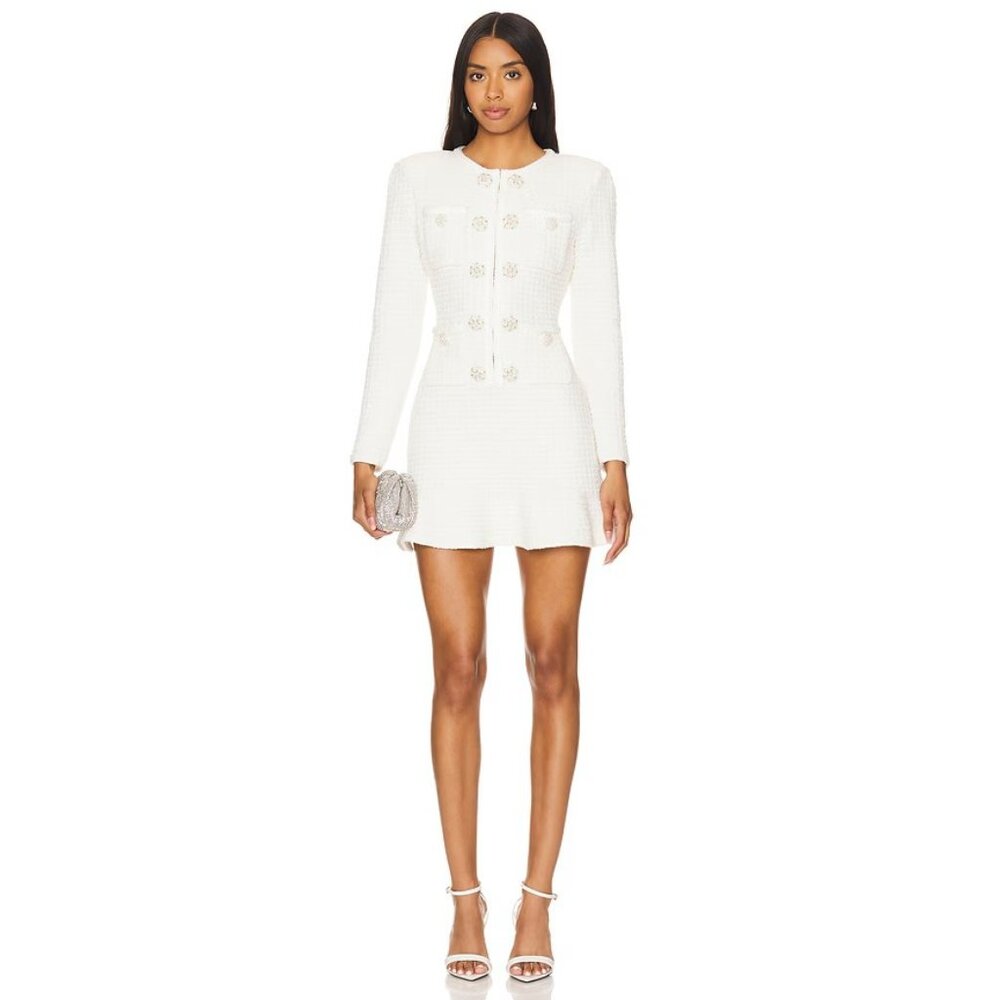 self-portrait Buttoned Knit Mini Dress in Cream Tweed